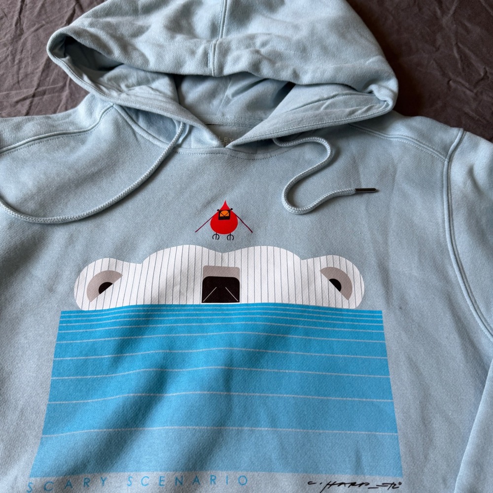 Charley Harper Scary Scenario Hoodie Large Blue Polar Bear Cardinal Cotton - Picture 4 of 7